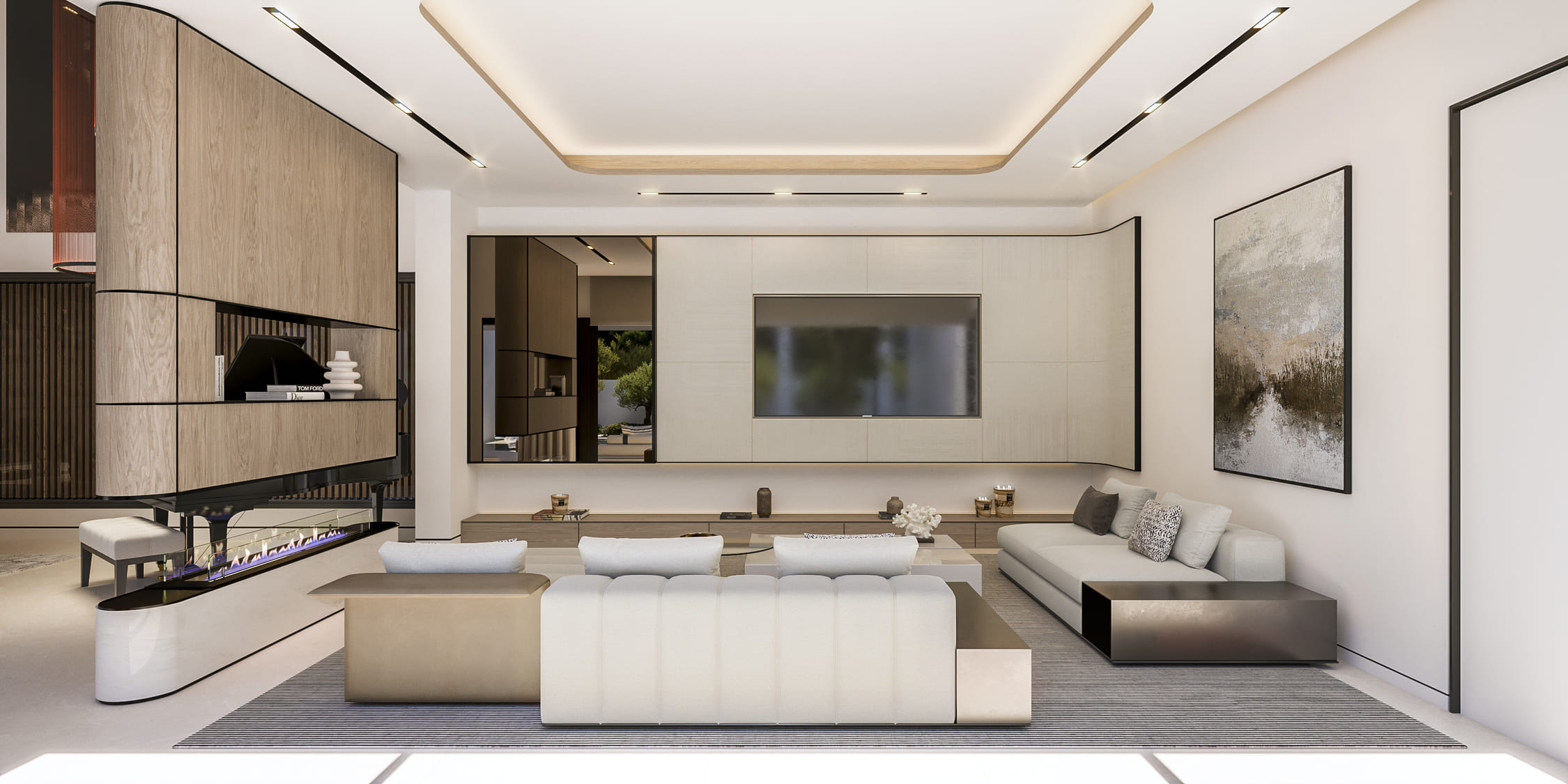 Sala de estar con sofá modular y gran ventanal con vistas al jardín y la piscina